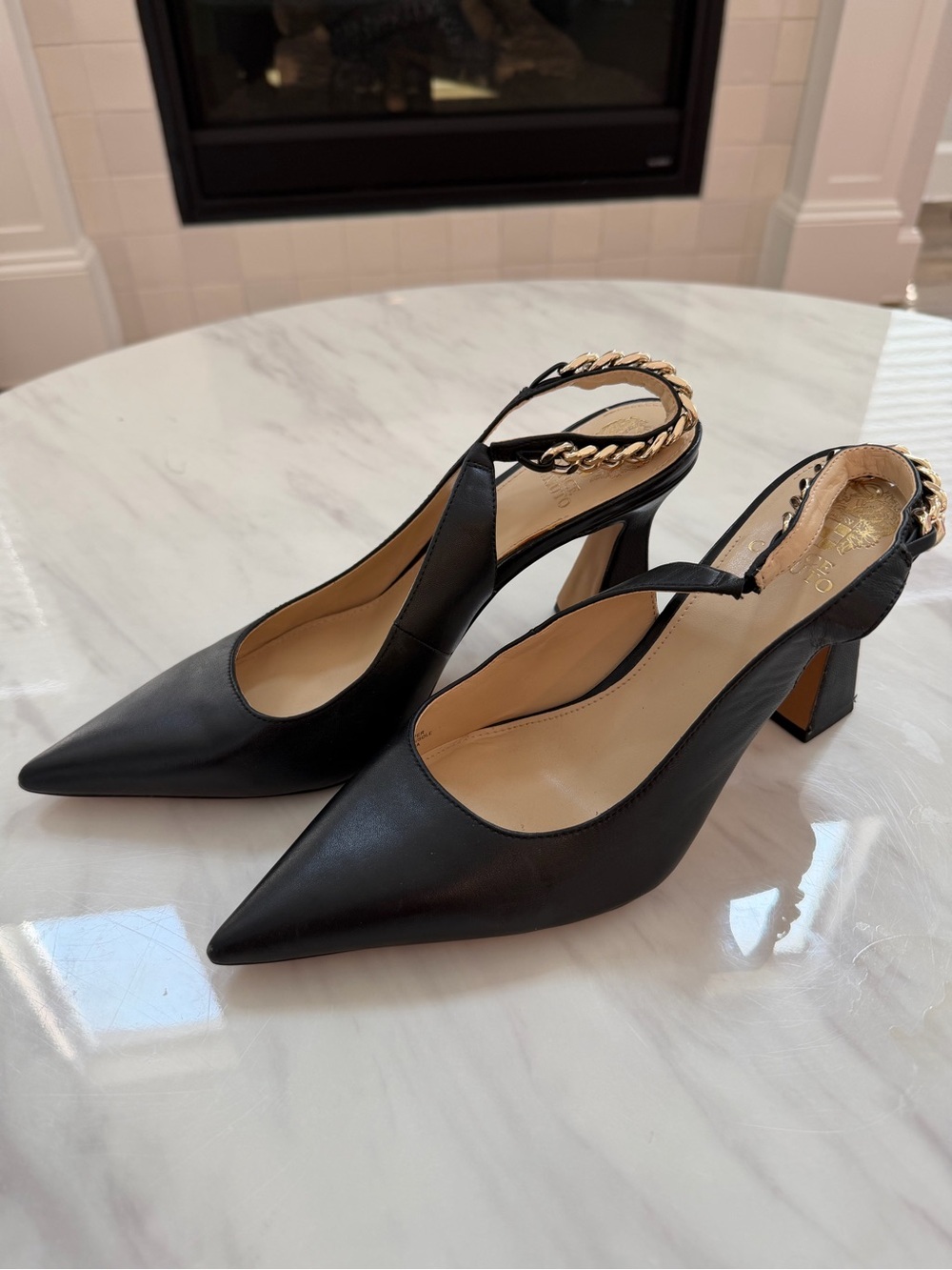 Vince Camuto Black Pointed Slingback Heels with Gold Chain Accent